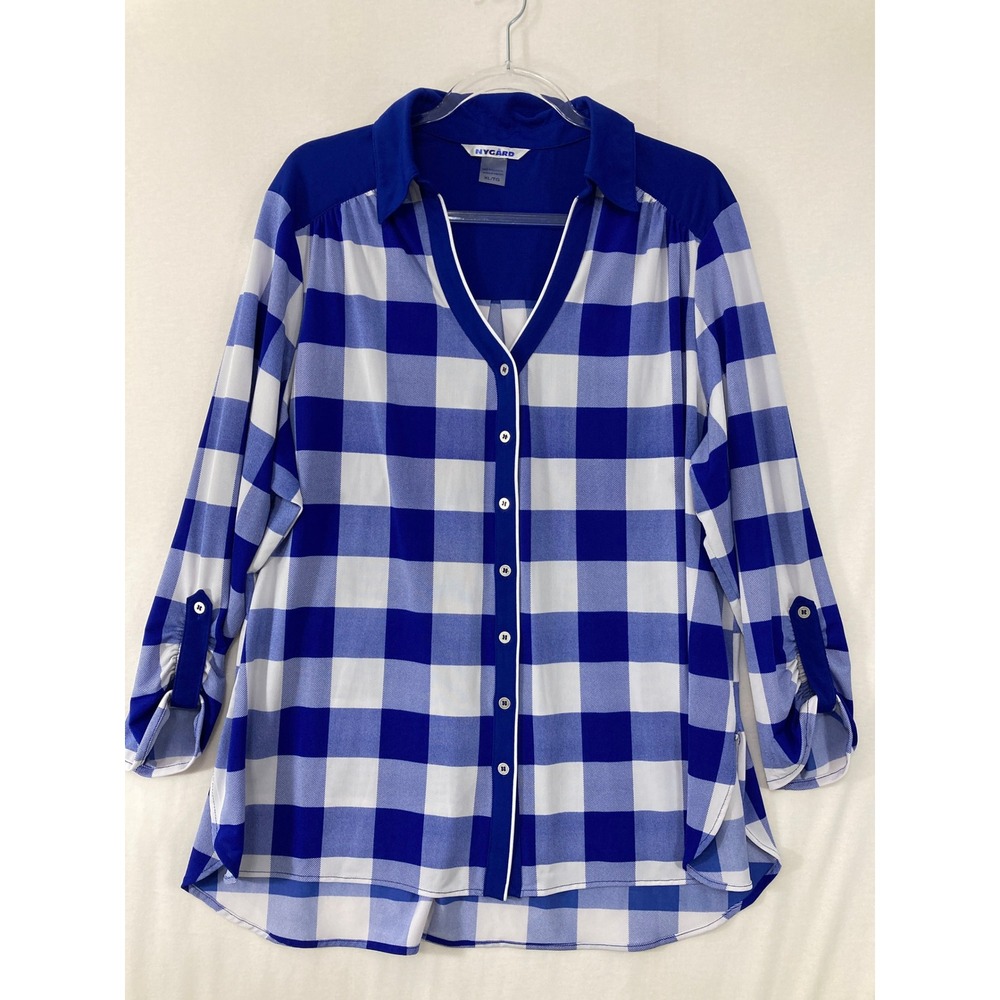 Nygard Button Front Blouse XL Blue Buffalo Plaid Ultra Soft Comfy Stretch Preppy